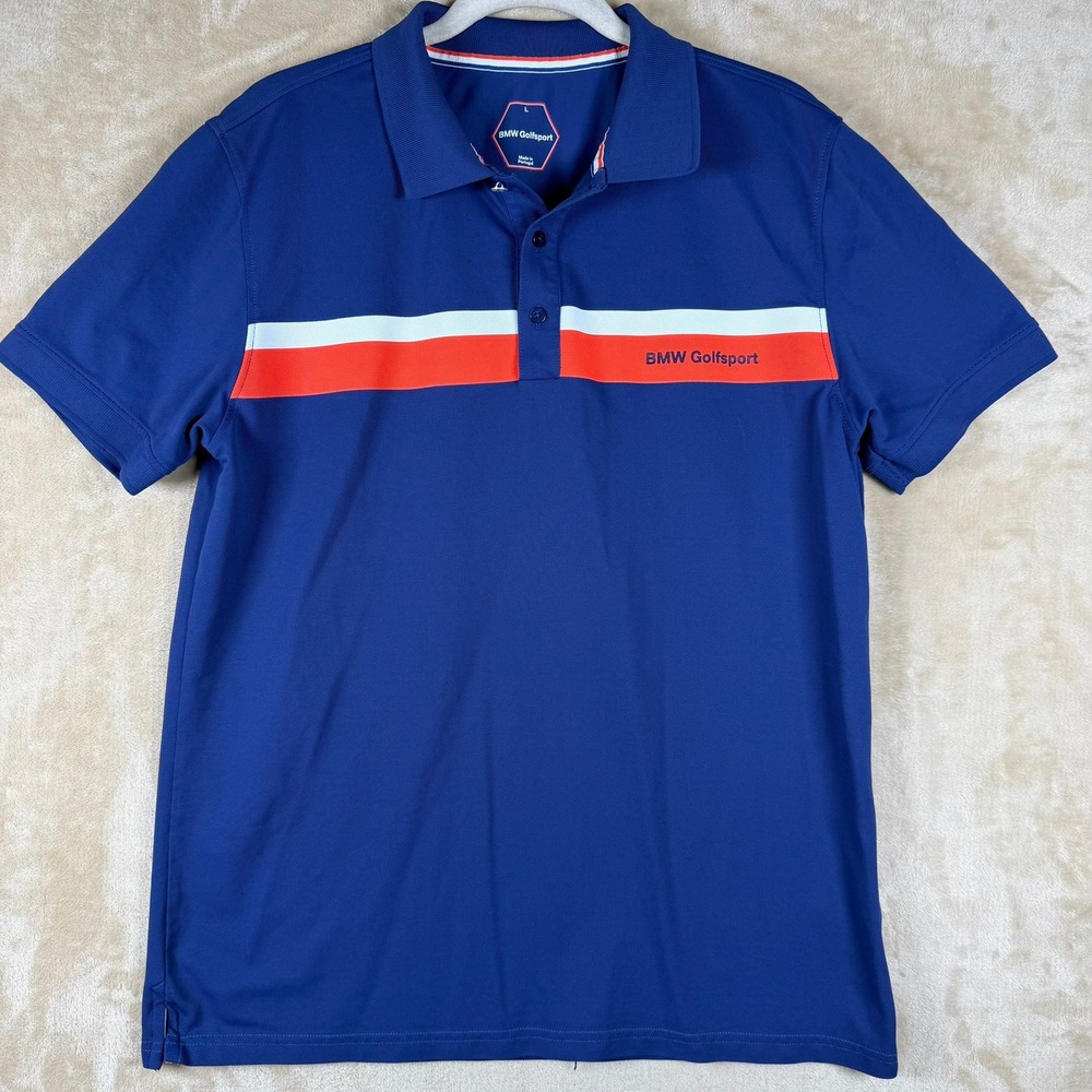 BMW Golfsport Mens Blue Short Sleeve Performance Polo Shirt Size L Polyamide